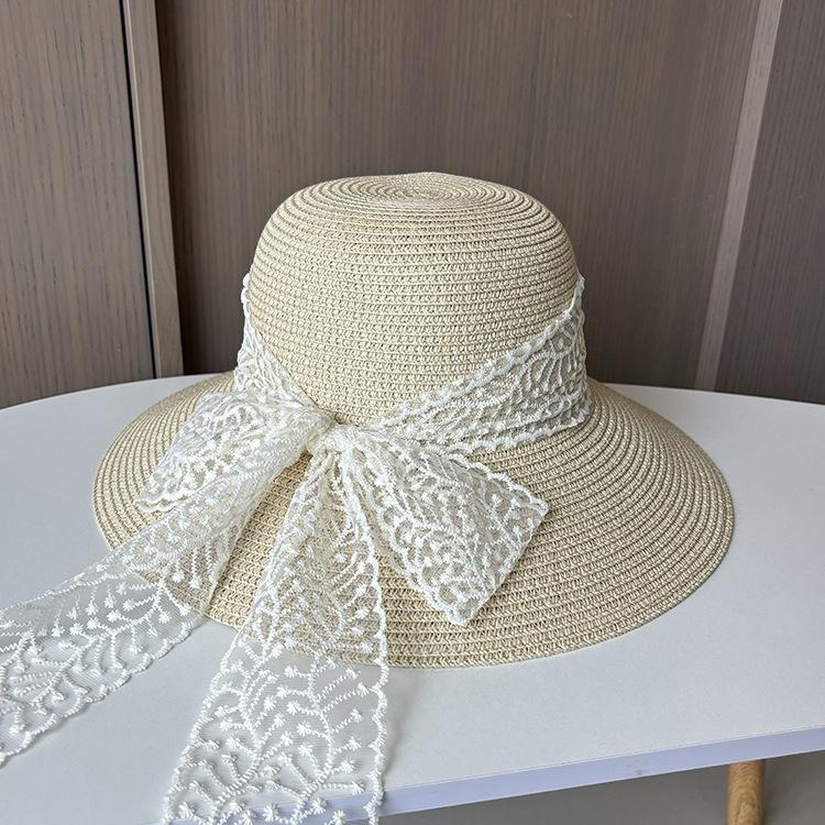 Lace Bow Straw Woven Fisherman's Hat Women Summer Travel Sun Protection Sun Hat Seaside Beach Hat Straw Hat