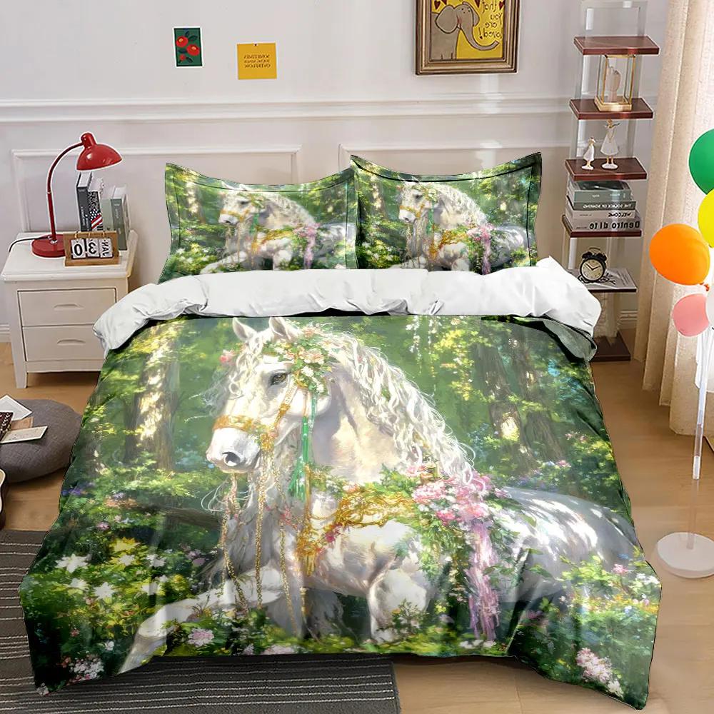 "Floral Horse Decor Set" Bedding Set with 1 Duvet Cover 2 Pillowcases Single Double King Queen Gift