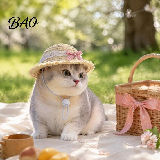 Summer Pet Sun Hat Cat Straw Hat, with Lace And Bow, Costume Accessories Cute Protection for Cats Small Dogs Outdoor Walks Pets