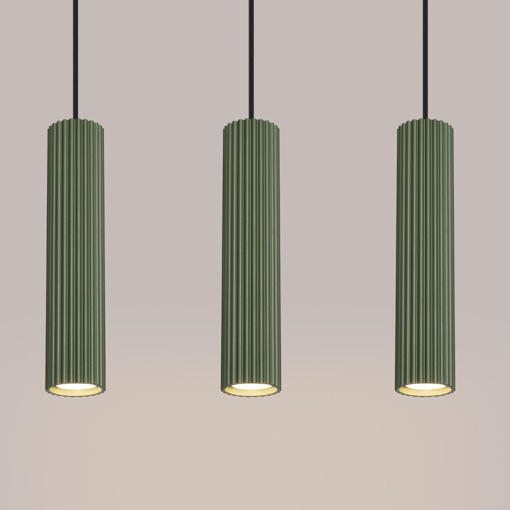 Lampa Wisząca Nowoczesna Zielona Oliwkowa Listwa Trzy Karbowane Tuby Do Kuchni Nad Wyspę 3Xgu10 10W Karbon Sollux Lighting