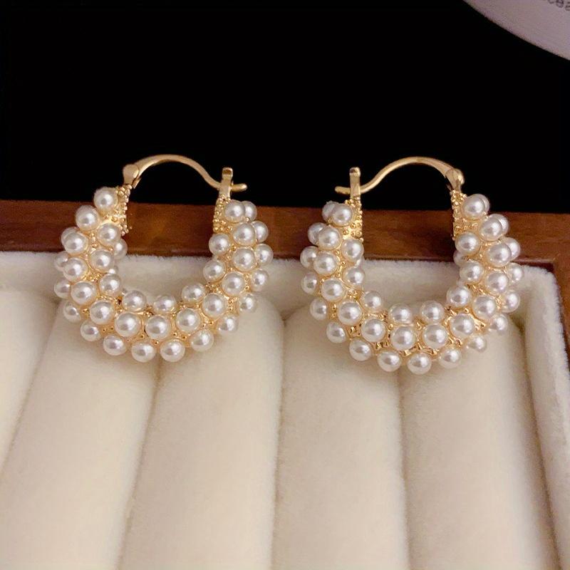 1 Pair Elegant Imitation Pearls Hoop Earrings for Women Luxurious Gold Color Ear Clip Jewelry Gift