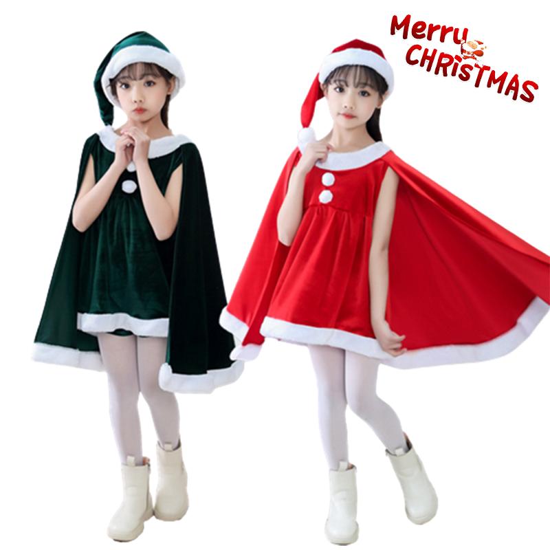 Toddler Girls Christmas Dress Set Cloak Cape Santa Claus Elf Cos Velvet Outfit