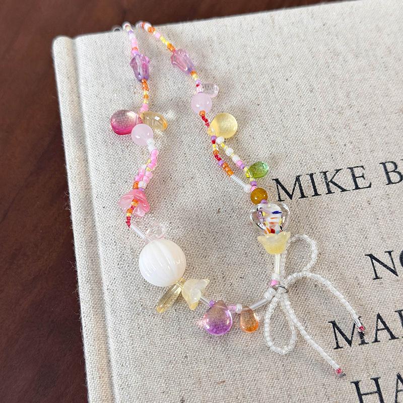 Summer Colorful Beaded Bow Necklace Women's New Dopamine Choker Sweet Spice Collarbone Chain