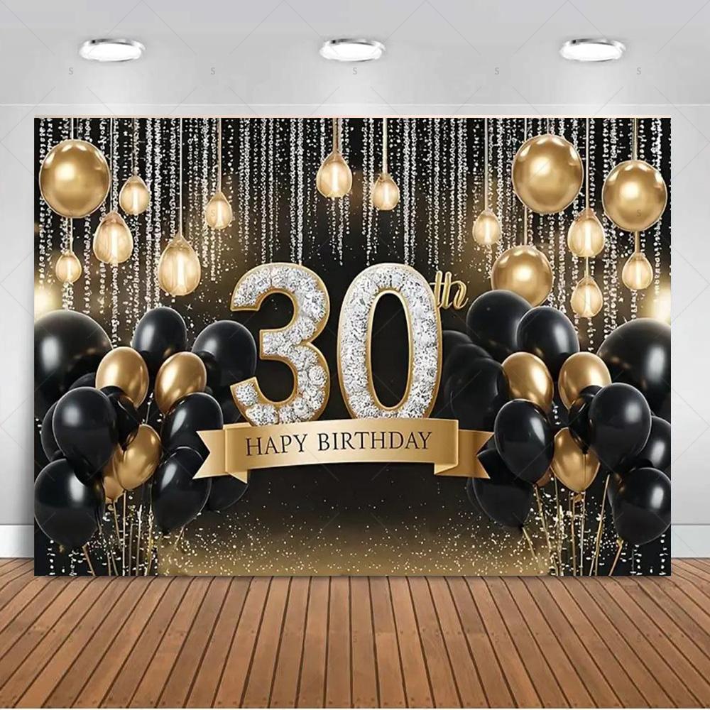 30th Birthday Party Decorations 30 Years Old Backdrop Supplies Black Gold Balloons Glitter Background Banner Photography Props