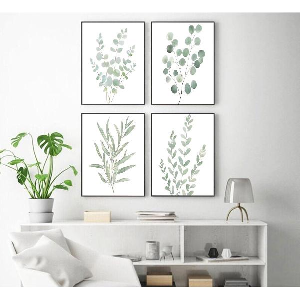 4Pcs Eucalyptus Botanical Wall Art Sage Green Bathroom Pictures Watercolor Mint Green Plant Leaves Poster Print Modern Minimalist Aesthetics Canvas