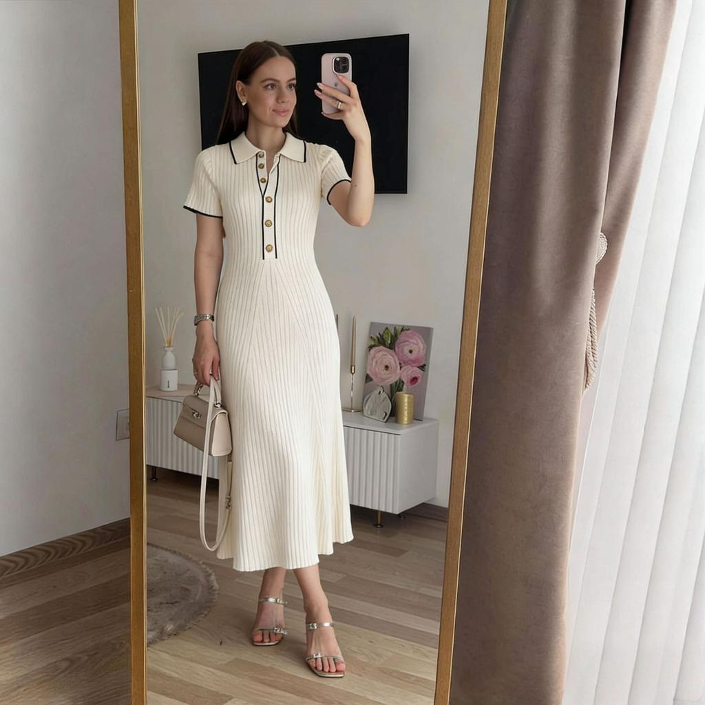 European and American lapel slim and thin temperament splicing contrasting color hip-wrapped short-sleeved long single-breasted dress