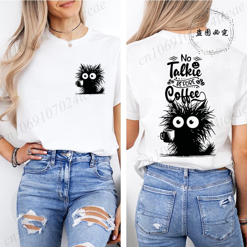 No Talkie Before Coffee Print T-shirt Short Sleeve Casual Top Summer Women Black Cat Kawaii Streetwear Graphic Tees Shirt Tops