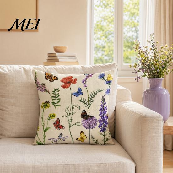Cotton Linen Pillowcase Floral Cushion Cover, 18x18 Inch Decorative Throw Pillow Cover with Hidden Zipper, Breathable Plant Insect Flower Patterns,