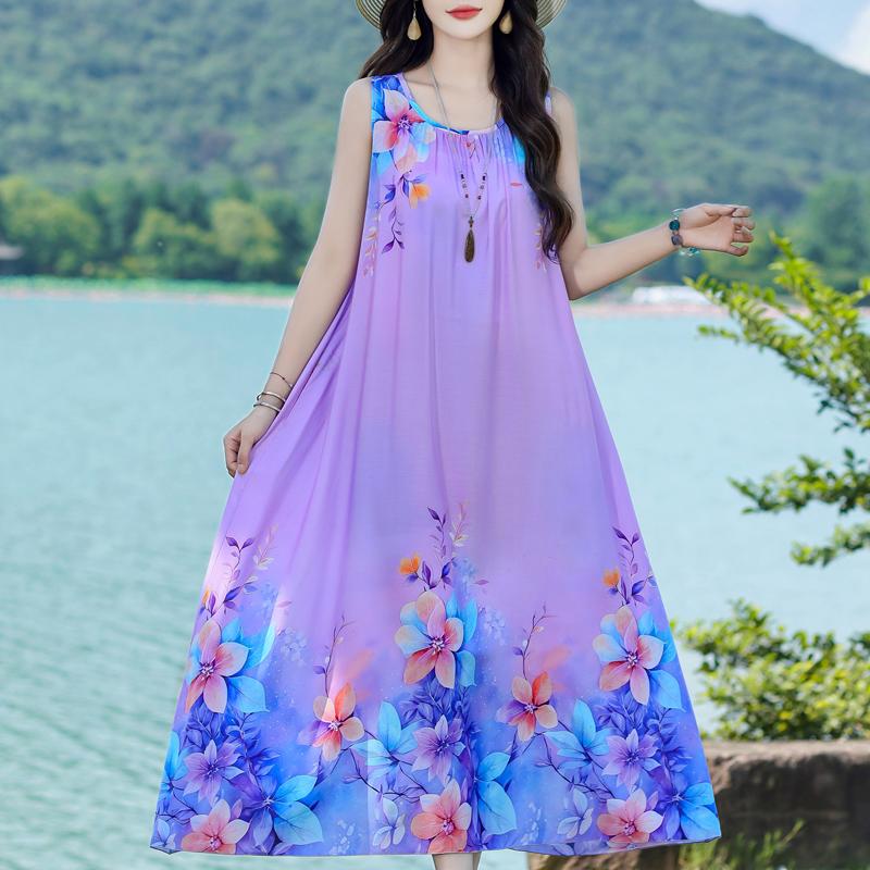 Damen Sommerkleid Vintage Kleidung Lässig Ärmellos Lange Kleider