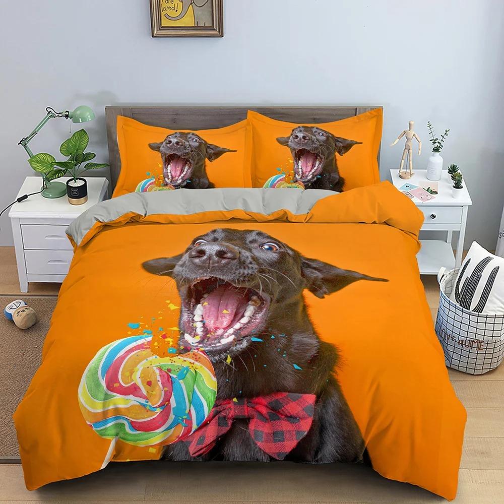 Animal Pet Duvet Cover Set Cute Dog Hugging Donut Bedding Set 2/3pcs for Kids 3D Dog Comforter Cover Soft Polyester Quilt Cover