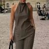 Fashion Pant Suits Backless Sexy Halter Camis Top + Elastic Waist Straight Wide Leg Trousers 2 Pieces Set Women Outfits