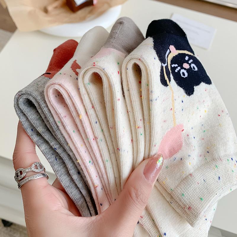 Cute Little Bear Animal Pattern Girls' Mid-calf Socks, Spring and Autumn Sweat-absorbing and Breathable Cotton Socks, Versatile Long Socks