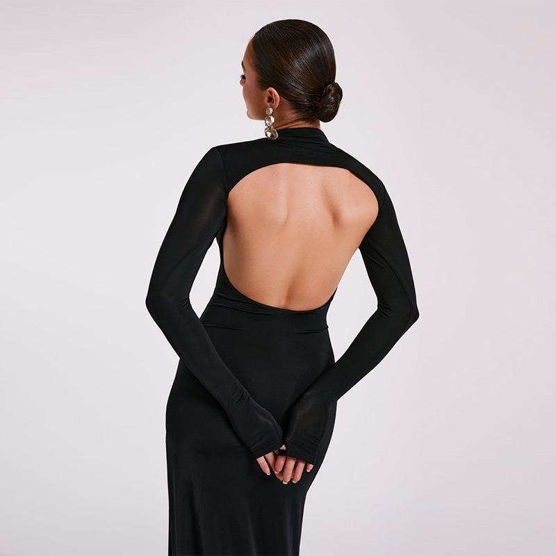 Elegant Slim Fit Long Sleeve Sexy Backless Dress Women Summer Slit Casual High Waist Black Long Dresses Women Fashion Stand Collar Party Dress 26443