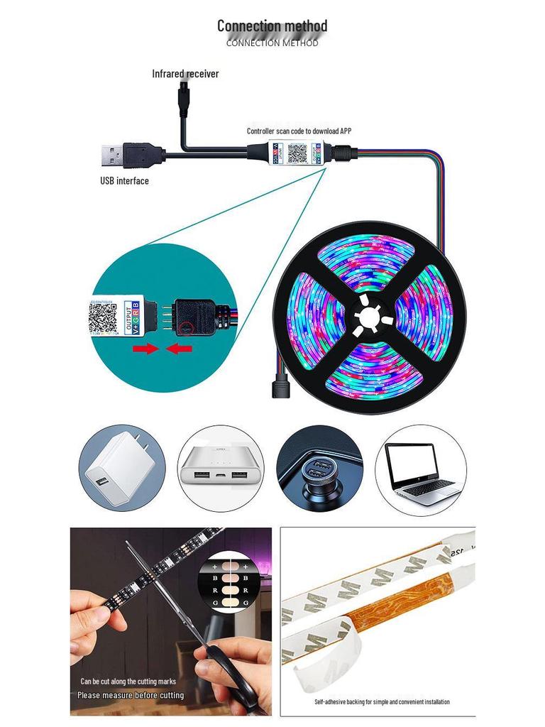 5050 RGB LED Self-Adhesive USB TV Backlight Strip, 5V Low Voltage Atmosphere Light Set