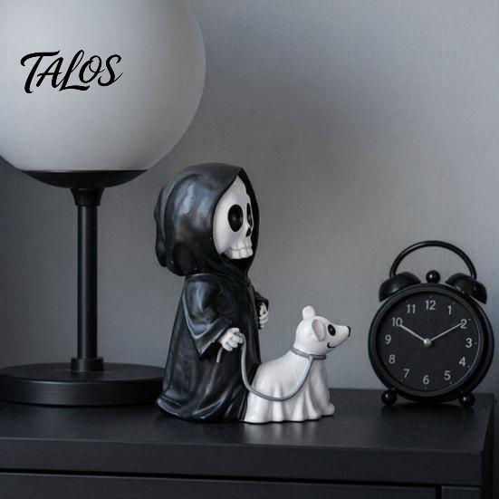 3D Carved Skeleton Decoration Grim Reaper & Ghostly Puppy Resin Figurine, Black Robed with Cute Dark Healing Halloween Figure Ghost Dog Statue, Gothic