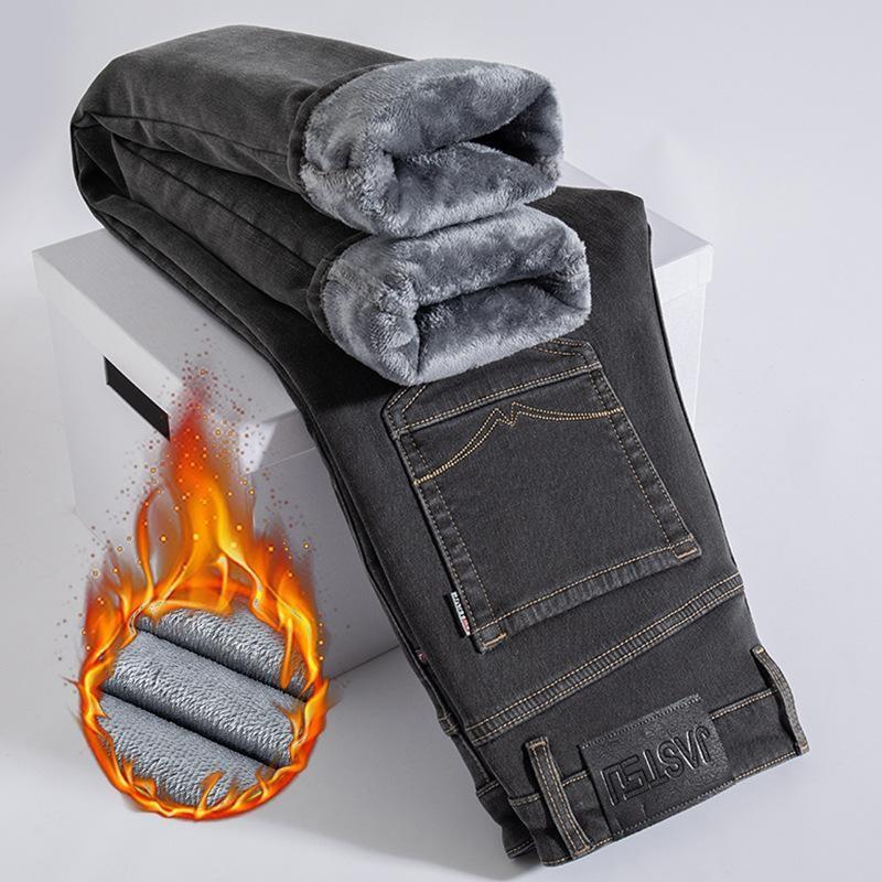 Jeans high-end pants autumn and winter elastic fleece straight-leg pants