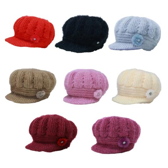 Women Knitting Hat Extended Brim Thickened Plush Winter Hat Solid Color Flower Decor Warm Hat Fashion Accessories