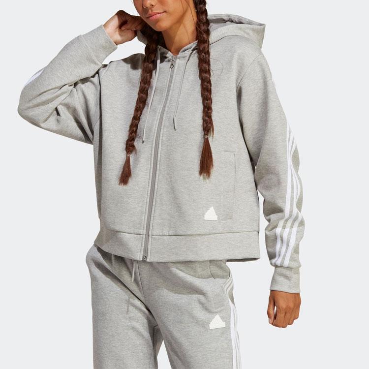 Adidas Striped Hooded Zip-Up Sweatshirt Women Sweatshirts Gray IB8511