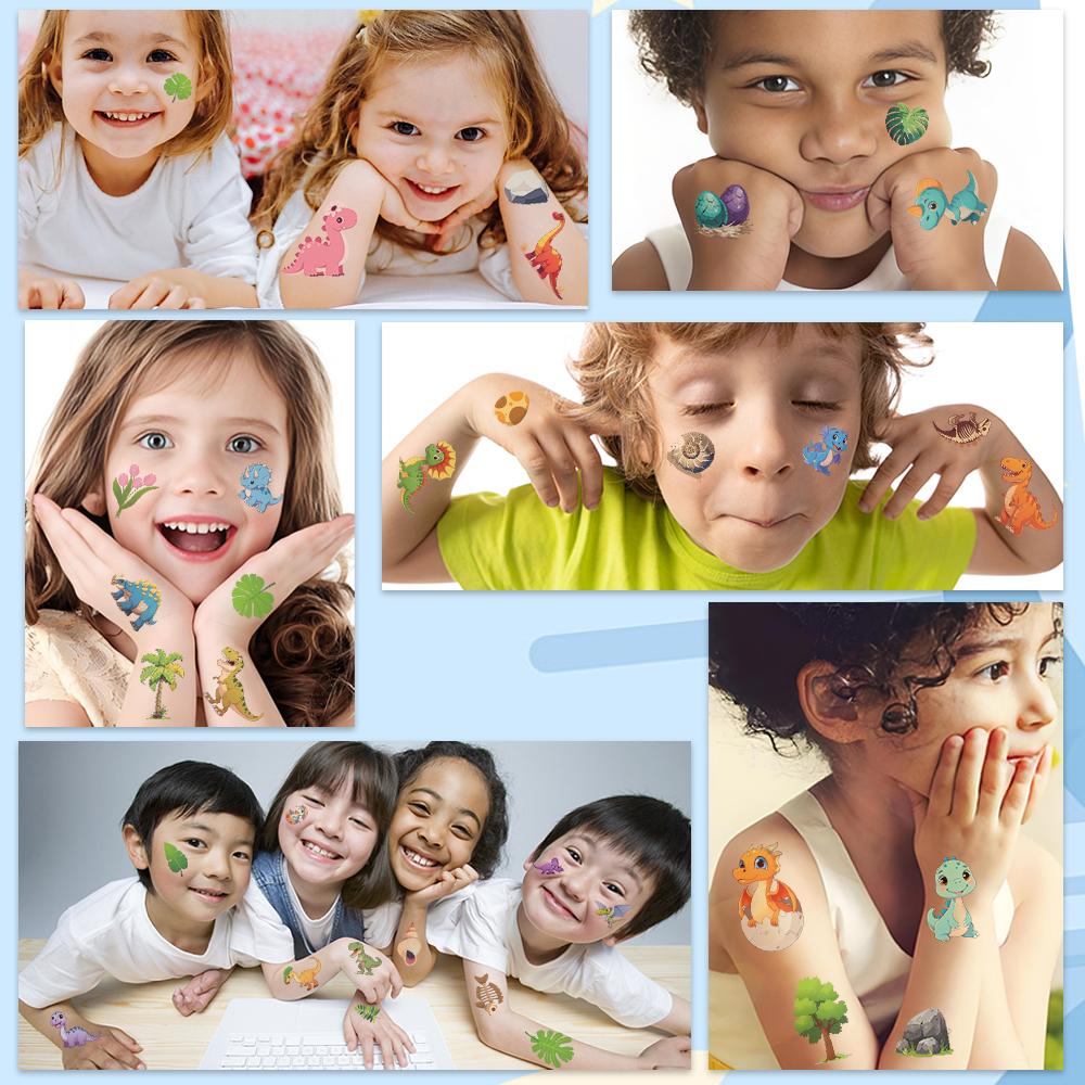 10 folhas de adesivos de tatuagem de dinossauro fofos com desenho animado para rosto, braço e corpo, adesivos temporários à prova d'água para festa infantil, presentes