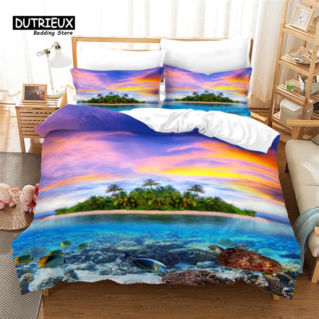 Seashell Starfish Duvet Cover Beach Theme Bedding Set Microfiber 3D Waves Comforter Cover For Kids Teens Girls Boys Room Decor