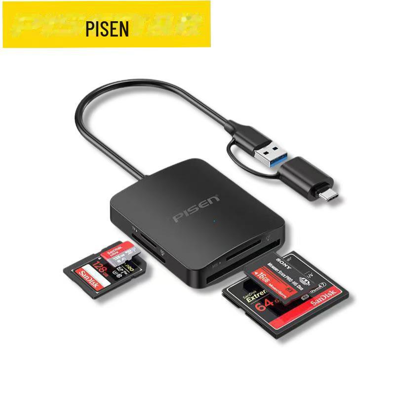 PISEN 4-in-1 USB 3.0 Card Reader for SD, TF, MS, CF - High Speed, Android Type-C Compatible
