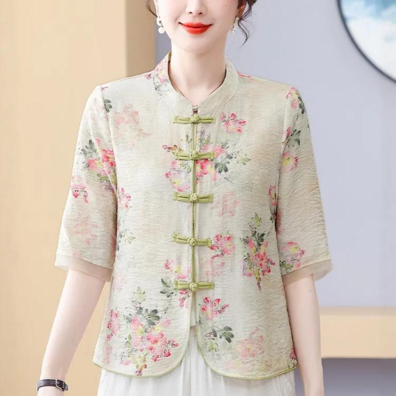 Kadın Çin Tarzı Çiçek Baskılı Bluz Kurbağa Düğmeli 3/4 Kol Günlük Üst