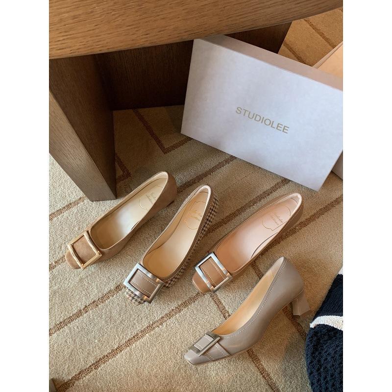 Sheepskin Version~ Height Increase 5.5cm Classic Small Square Head Bright Line Design Horn and Shallow Mouth Commuter Work Single Shoes Women