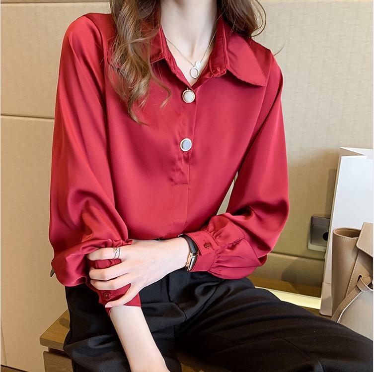 

Женская рубашка, классическая шифоновая блузка, свободная рубашка размера плюс с длинным рукавом, женские топы в простом стиле M красный