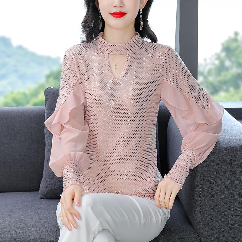 2024 Spring Sequined Slim Long-Sleeve Korean Style Top - Elegant and Versatile