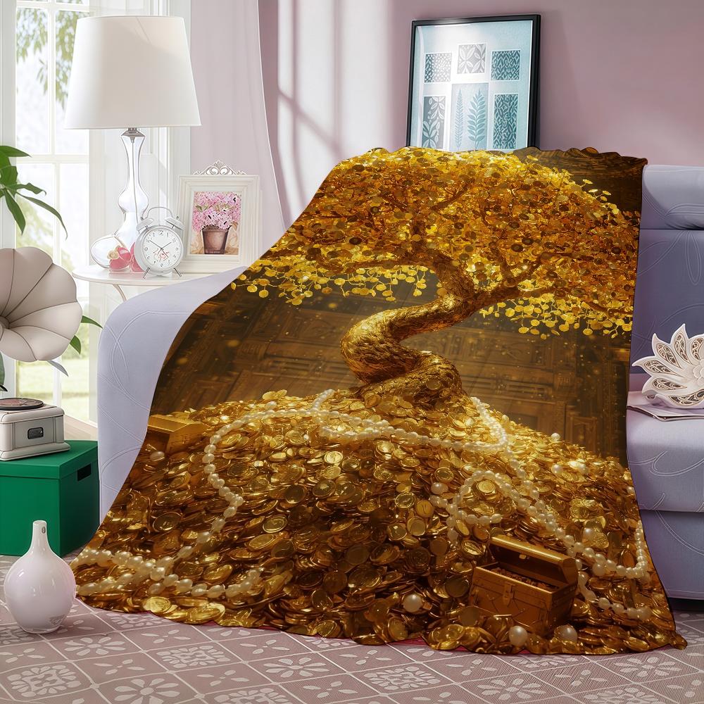 Golden Money Tree Blanket Warm And Soft Suitable For Bedroom Living Room Sofa Bed Office Travel Camping