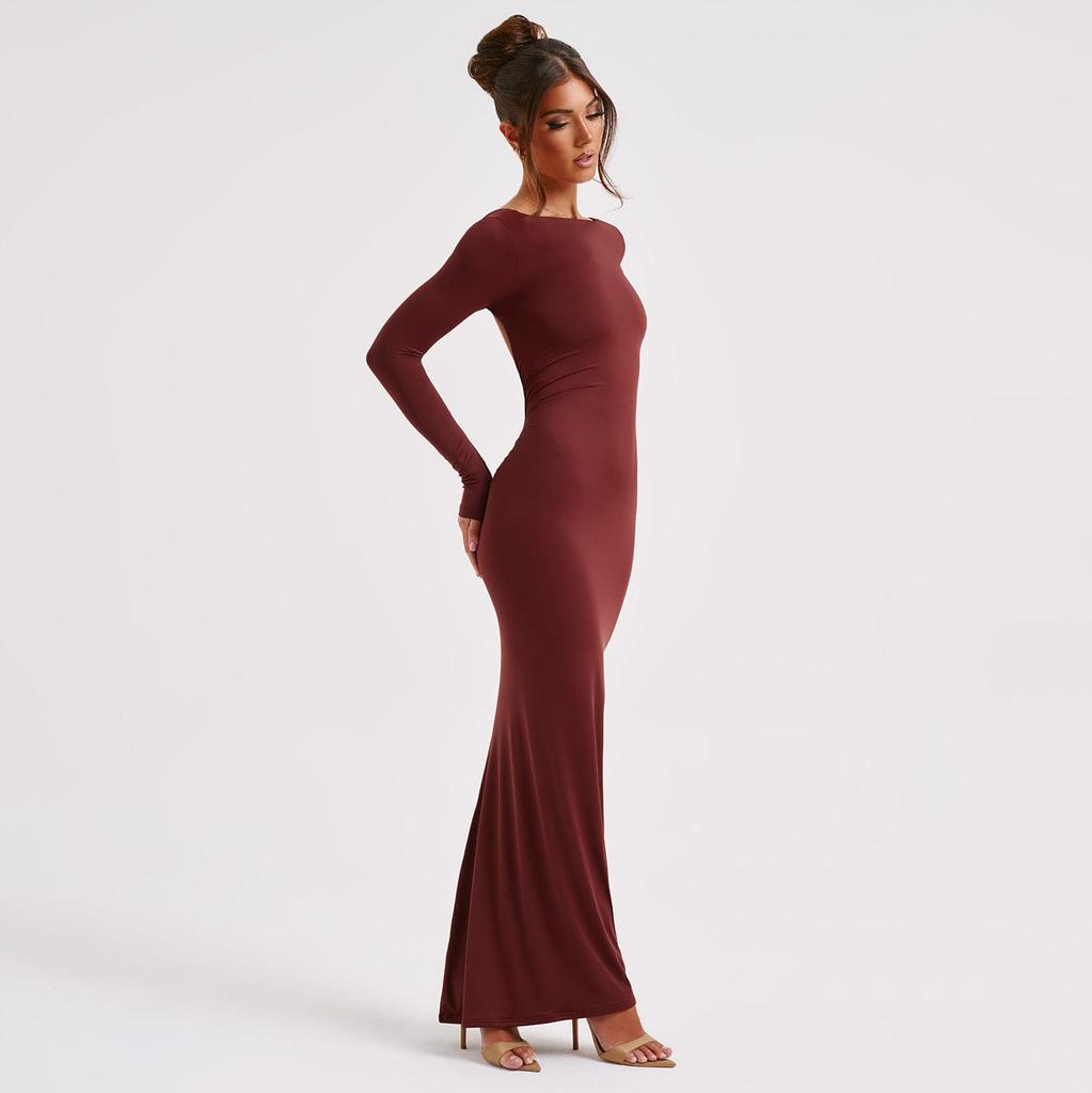 WDS European and American Autumn New Solid Color Pullover Halter Long Sleeve Slim Sexy High Waist Long Dress