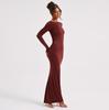 WDS European and American Autumn New Solid Color Pullover Halter Long Sleeve Slim Sexy High Waist Long Dress
