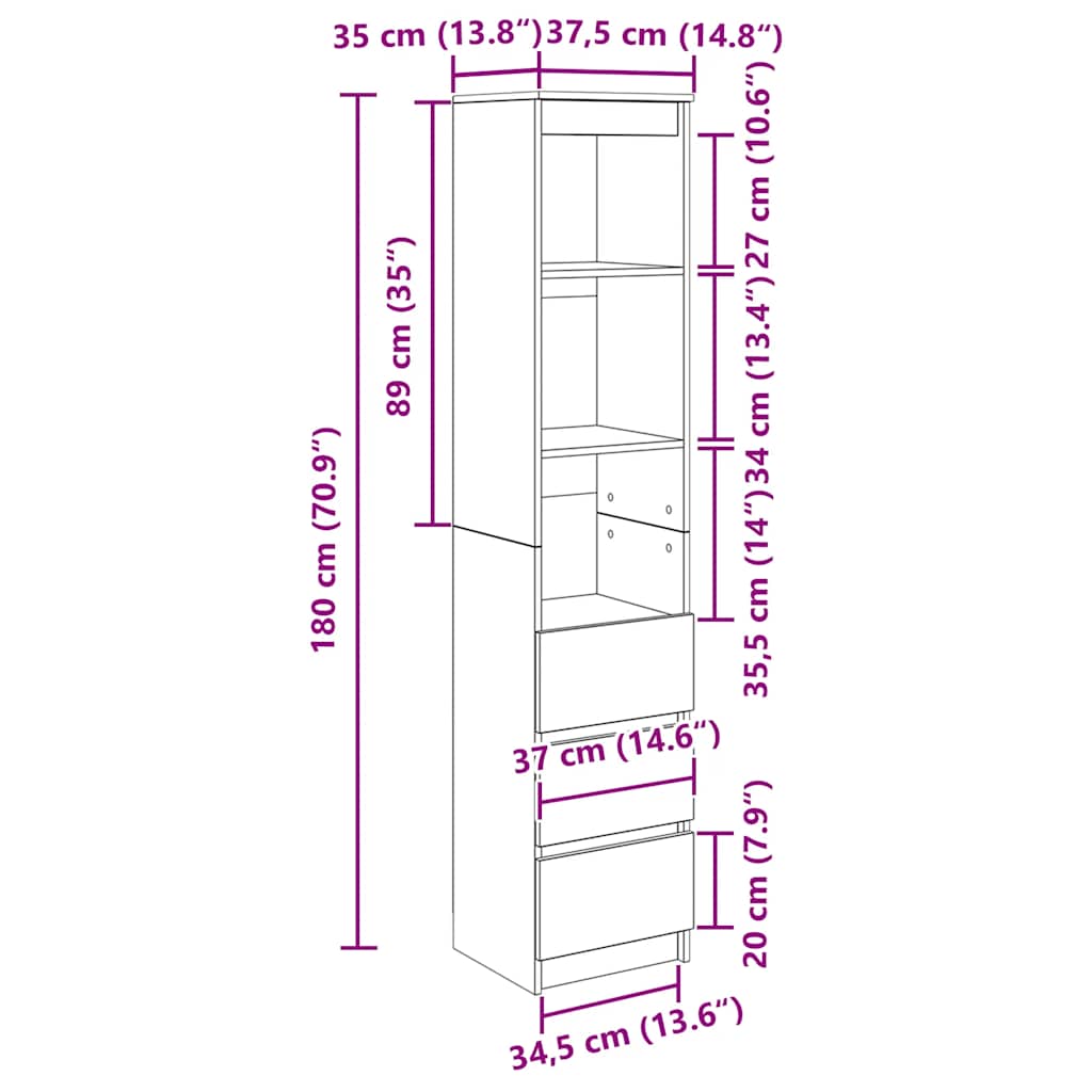 Highboard Weiß 37,5 x 35 x 180 cm Spanplatte