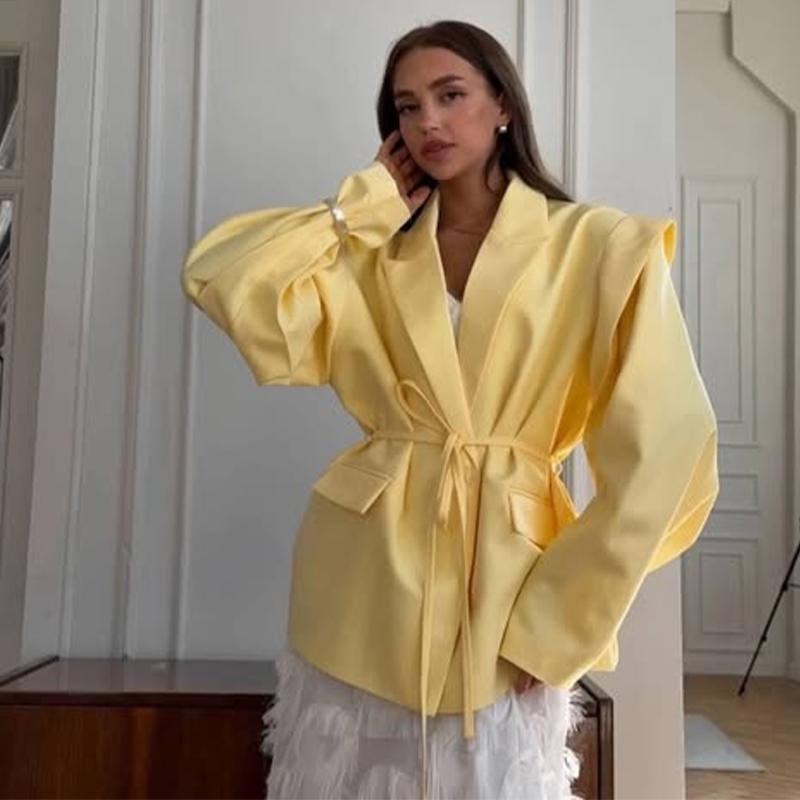 Lace Up Shoulder Pad Blazer Coat Women Elegant Turn-down Collar Long Sleeve Pockets Slim Fit Coats Chic Ladies Commute Outerwear