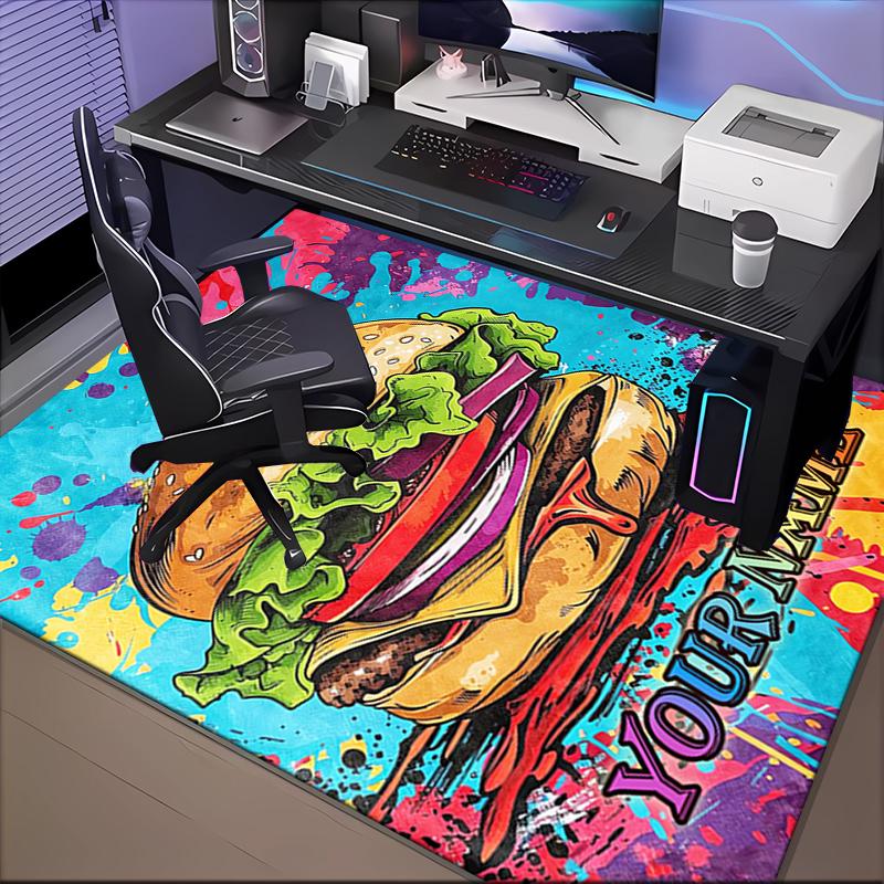 1PC Custom Name Colorful Burger Artwork Theme Floor Mat Ideal for Living Room, Game Rooms, Office, Bedroom, Floor Mat Playful Design