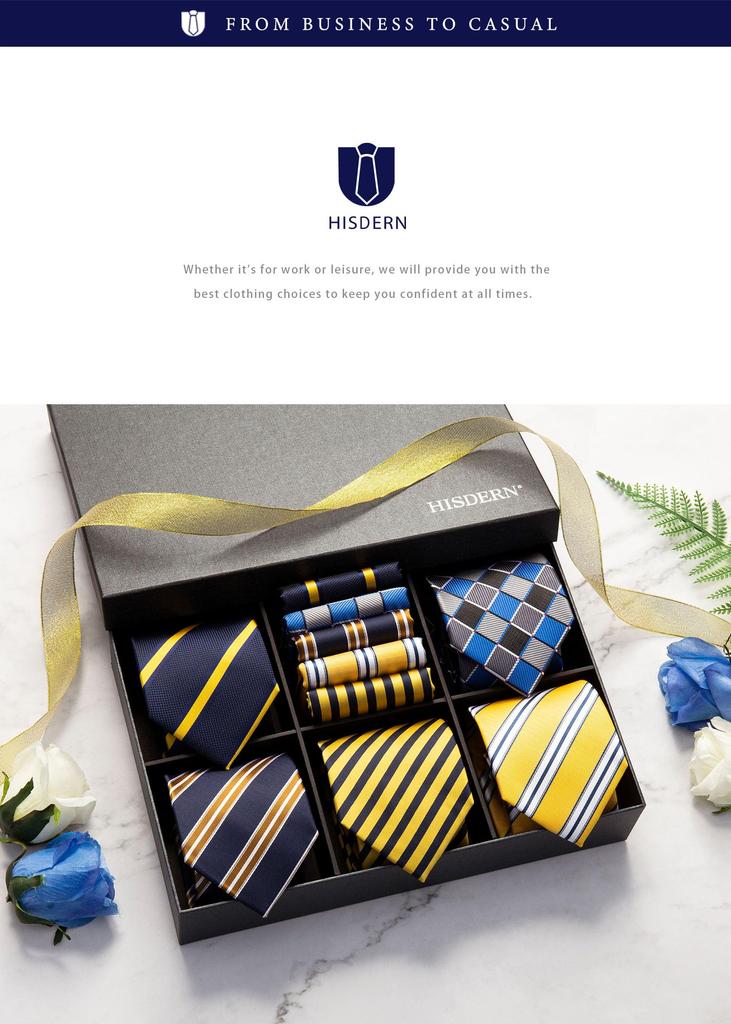 Business Krawattenset 5 Stilvolle Krawatte Einstecktuch Hochzeit Gelbe Krawatte Gestreift Jobsuche Blaue Krawatte Marke Geschenk T5A014 [HISDERN] Herren