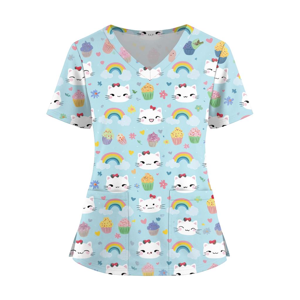 Women's Fashion V-Neck Short Sleeve Overalls With Pockets  Print Tops  Clothes