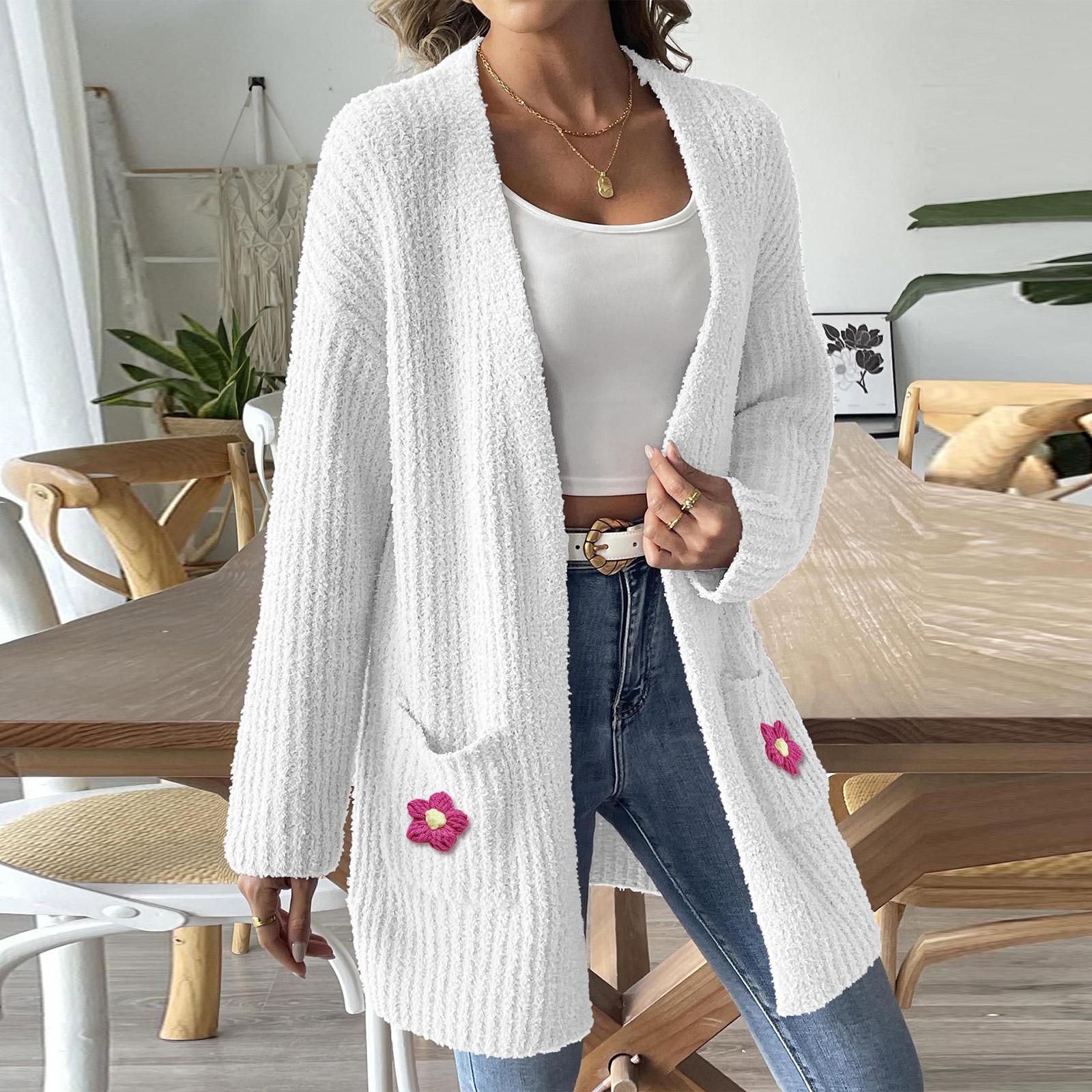 

Женский вязаный крючком повседневный кардиган с цветочным узором и зимний повседневный свитер с двойными карманами S белый