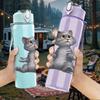 1PC Gray Cat Sitting Cute 750ml Color Plastic Sports Water Bottle Leakproof Flip Straw Lid Suitable for Sports Office Home Use