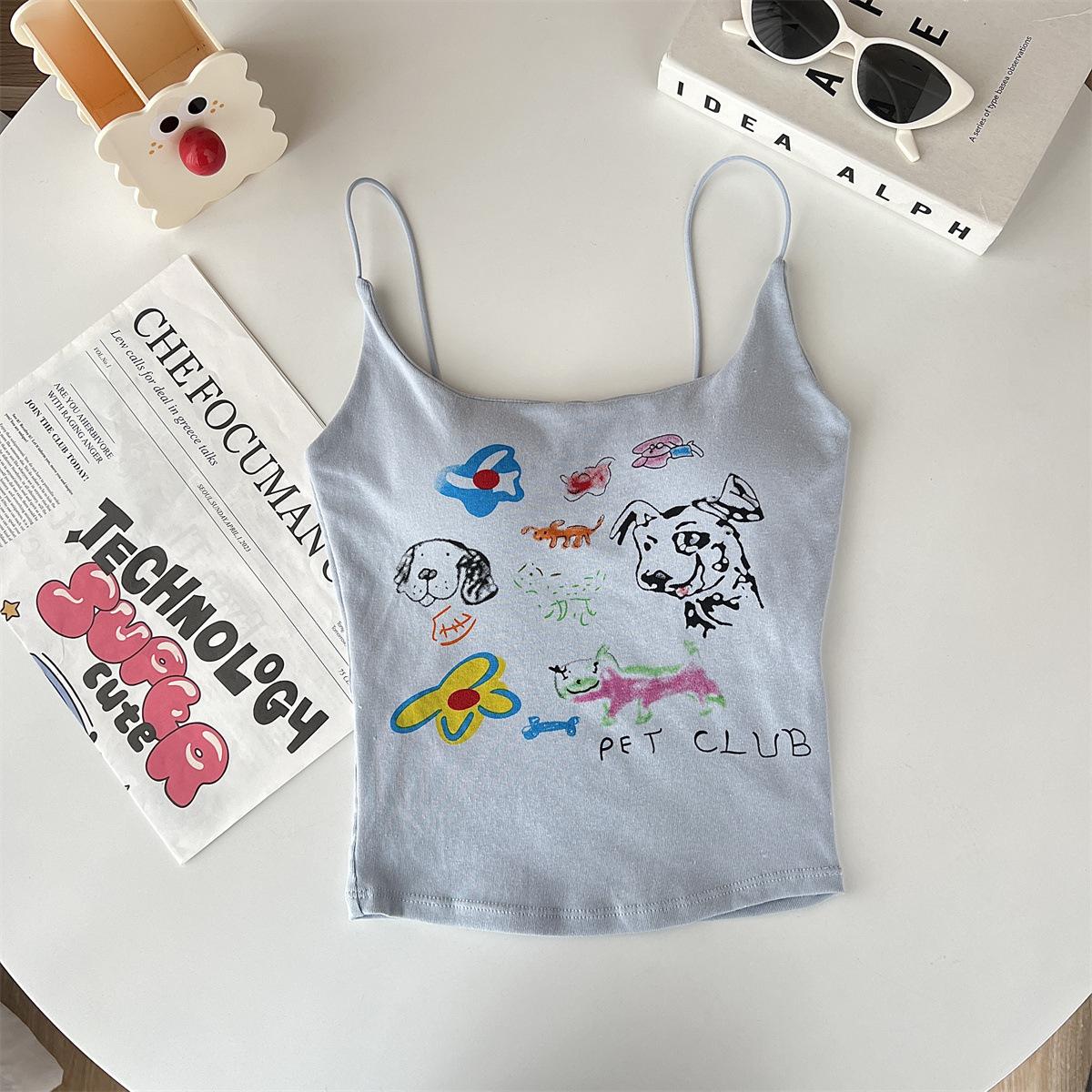 

Летние корейские топы на бретелях, женские милые майки с мультяшным принтом, топ на бретелях, женский сексуальный тонкий жилет-бретелька для женщин One Size