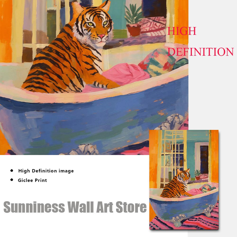 Pink Trendy Tiger In a Bath Wall Art Posters Maximalist Animal Canvas Painting Nordic Prints Pictures for Bathroom Home Decor