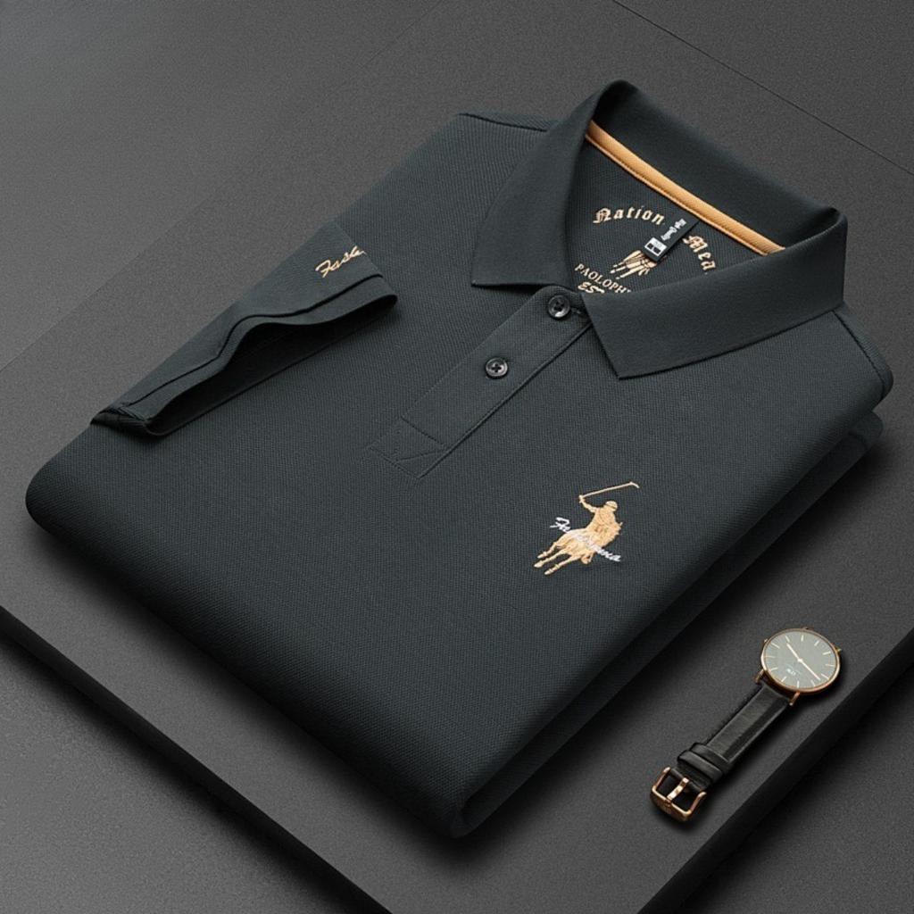 Trend Hub Luxus Stickerei Herren Poloshirt Dünn Atmungsaktiv 100% Baumwolle Schwarz Marineblau Revers Kurzarm Tops Markenkleidung