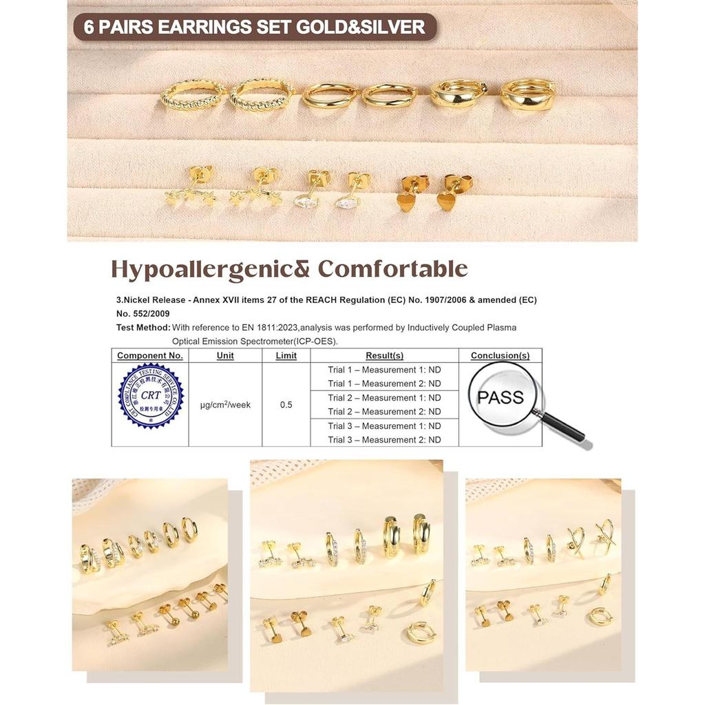Bobisty 6Pairs Earrings for Women 14K Gold Plated Stud Hoop Stacks Earrings Set 316L Surgical Steel Earring Piercing Jewellery
