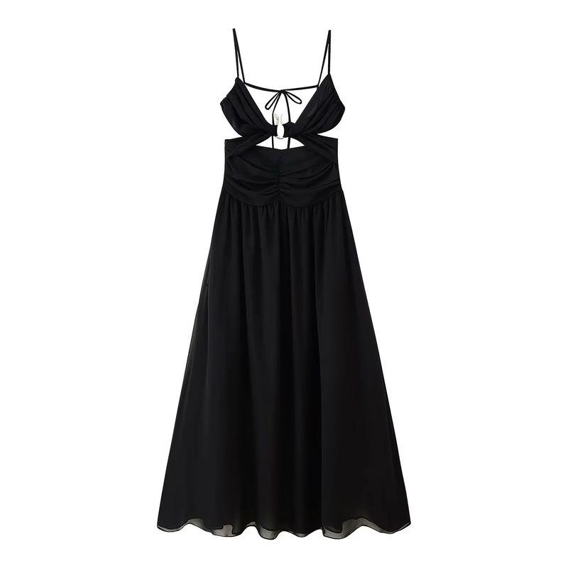 

Summer New Product Women s Clothes Sexy Wind V Neck Sleeveless High Waist Metal Decorative Exposed Navel Long Sling Dress Black L