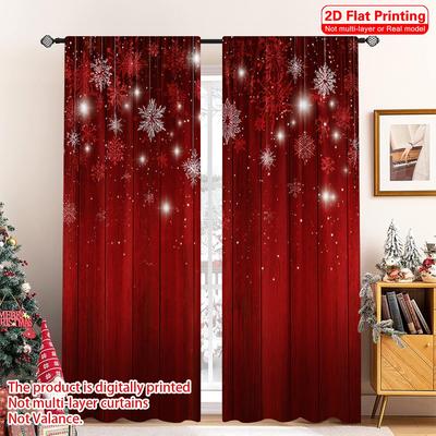 2D Flat Printing 2pcs Happy Christmas Scene Curtains Red Snowflakes Festive Christmas Scopic and Stylish 100% Polyester Fiber