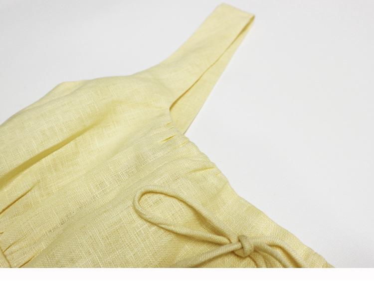In Stock: 2025 Summer Yellow Linen Square Neck Mid-Length French Vacation Dress