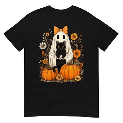 Vintage Halloween Ghost Holding Black Cat Groovy Floral T-Shirt