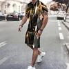 Men Black Gold Swirl Texture Split Print Short Sleeve Tee And Matching Shorts Two Piece Suit