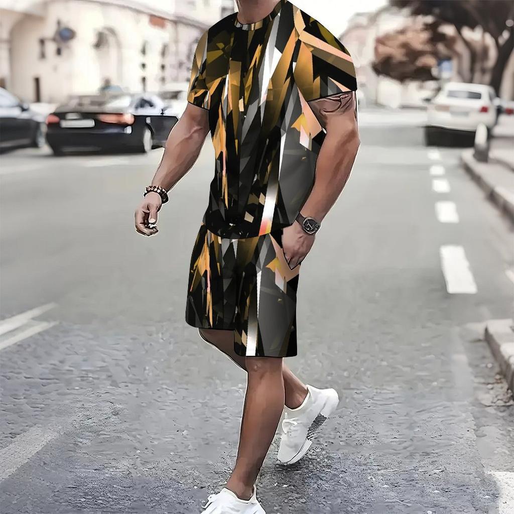 Men Black Gold Swirl Texture Split Print Short Sleeve Tee And Matching Shorts Two Piece Suit