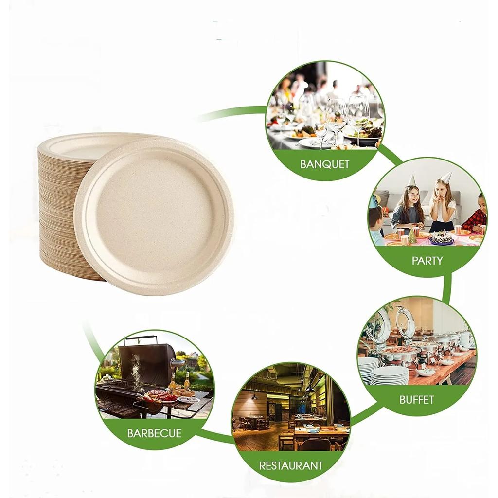 25-50Pack 9&7inch Heavy-Duty Disposable Paper Plates100% Compostable Bagasse Natural Biodegradable Eco-Friendly Sugarcane Plates